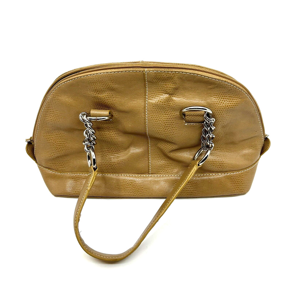 Anne Klein Dome Purse Bag Leather Blend Tan- Silver Chains